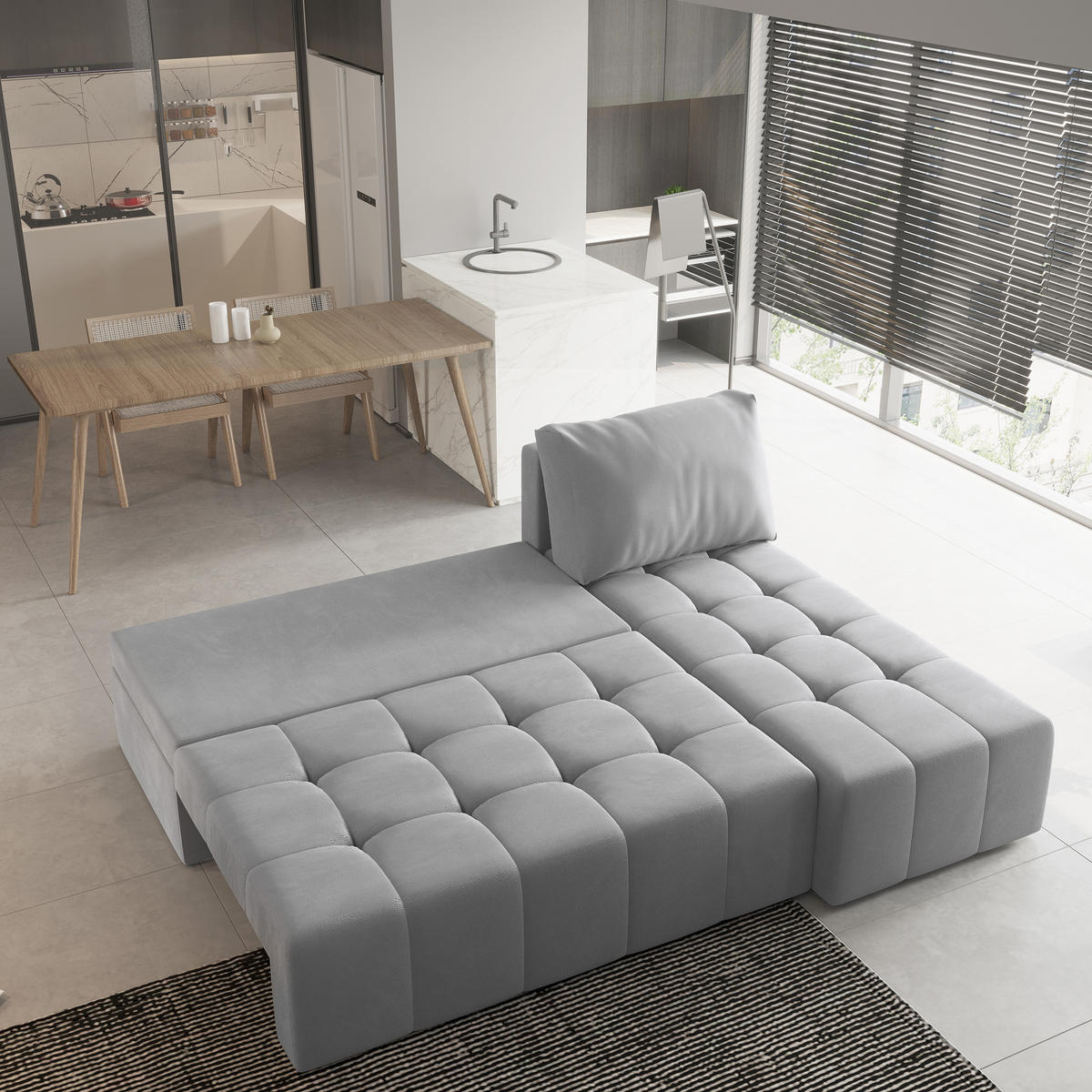 ECKSOFA DOMIRA Hellgrau Plüsch-Stoff mit Schlaffunktion - Hellgrau, Holz (200/141cm) - MASSENO