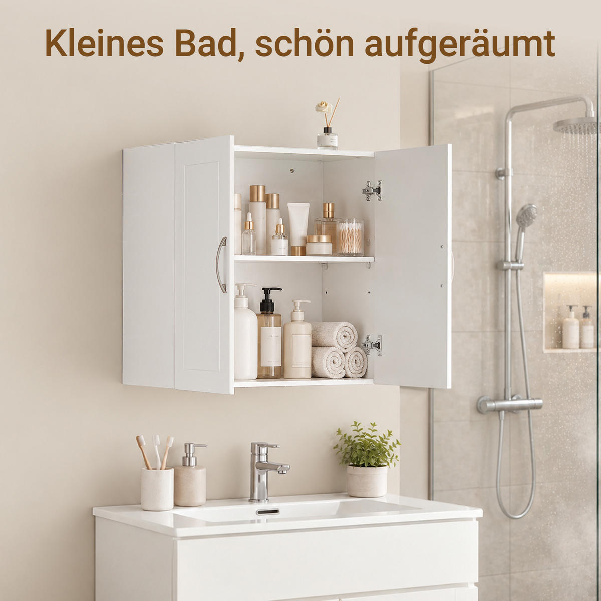 HÄNGESCHRANK weiß, 60x60x30 cm, 2 Türen, 3 Höhen für Böden, bis 25 kg, für Bad, Waschraum, Küche & Flur - Weiß, Holzwerkstoff (60/60/30cm) - SoBuy