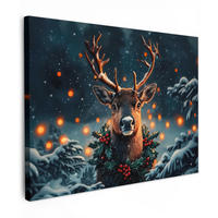 LEINWANDBILD Hirsch - Weihnachten - Winter - Schnee - Weihnachtskranz 40x30 cm - Dunkelbraun, Textil (40/30cm) - MuchoWow