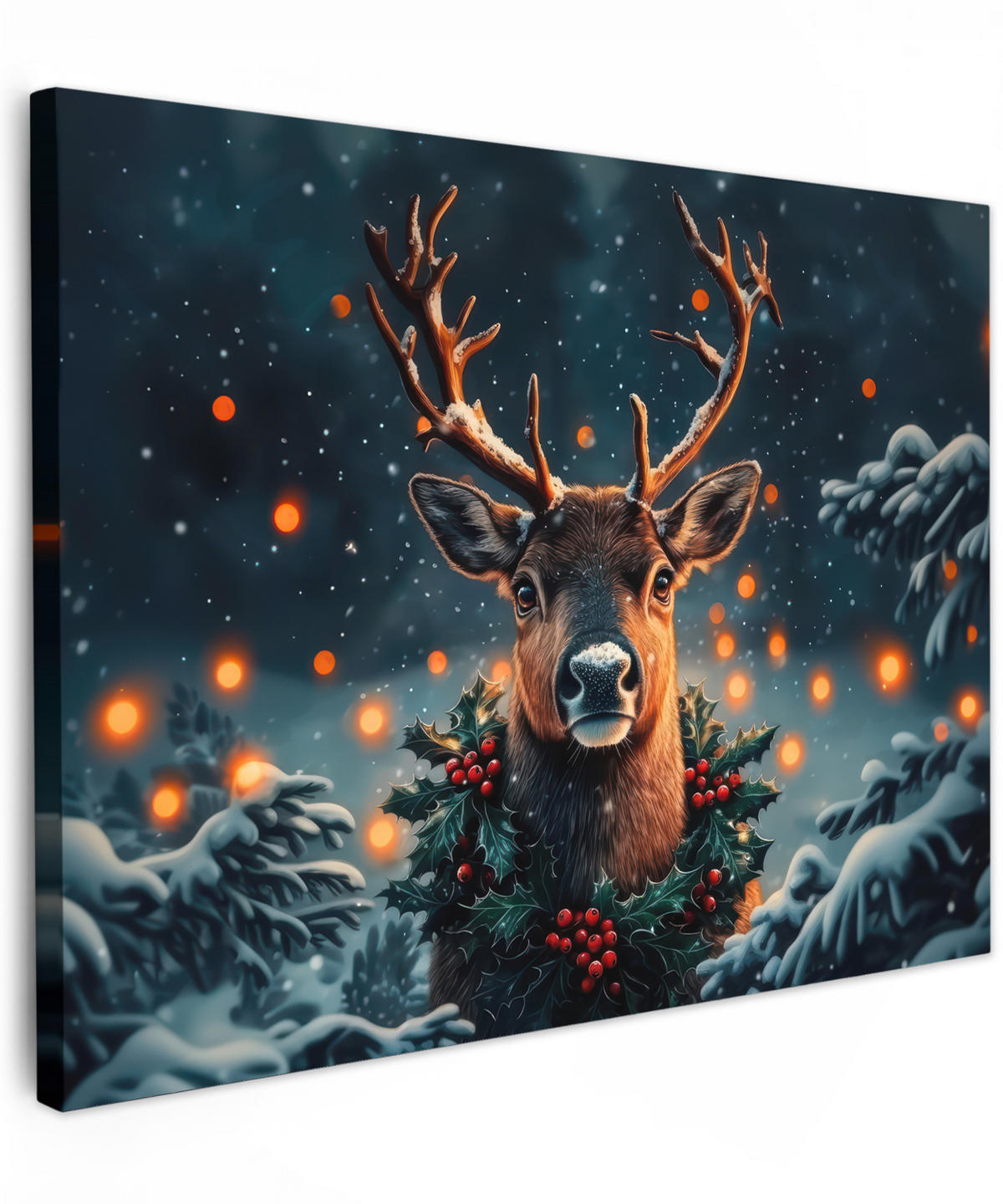 LEINWANDBILD Hirsch - Weihnachten - Winter - Schnee - Weihnachtskranz 40x30 cm - Dunkelbraun, Textil (40/30cm) - MuchoWow