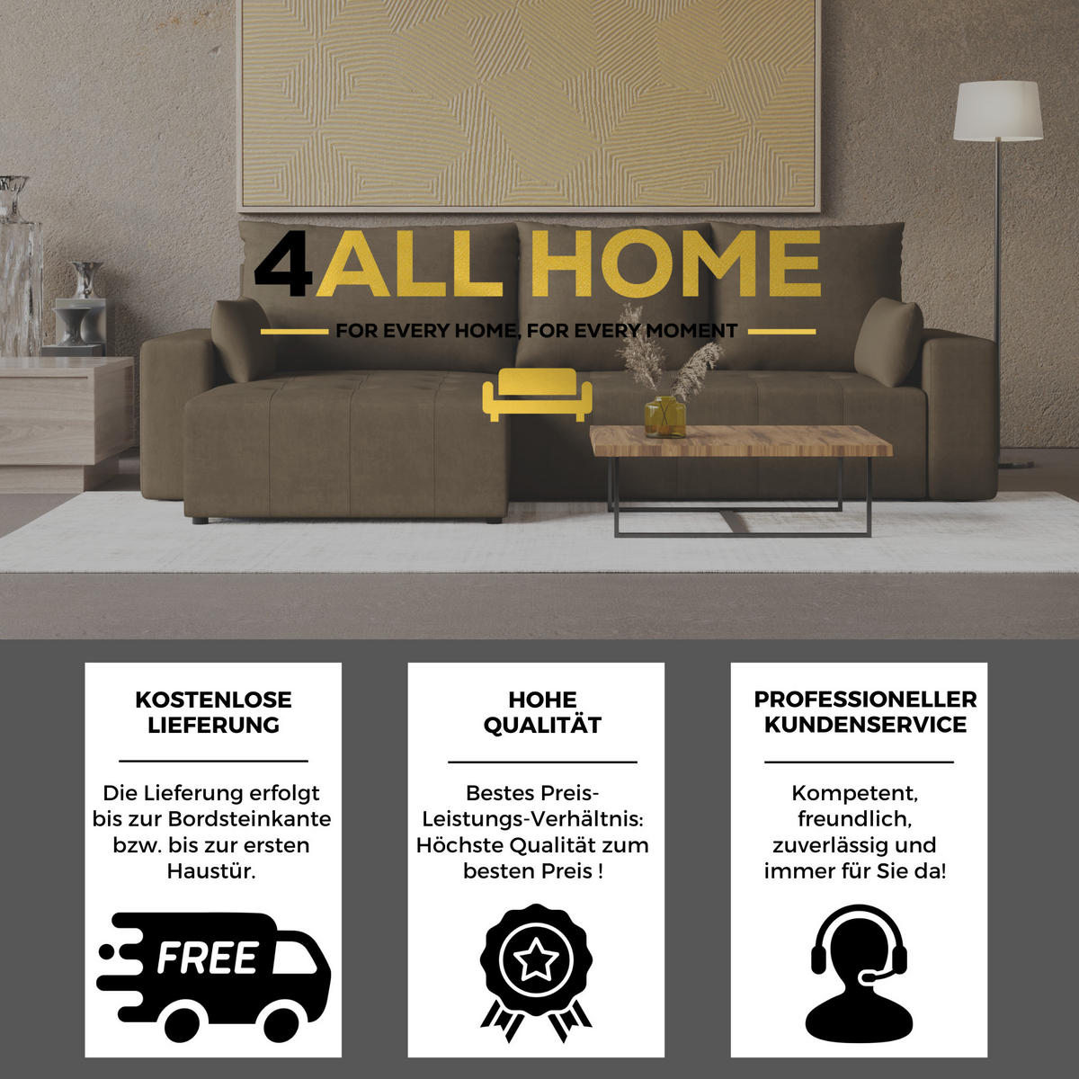 ECKSOFA Tico mit Bettkasten und Schlaffunktion, L-Form/XL-Form, Velourstoff, Universal - Braun, Holzwerkstoff (276/145cm) - 4ALL HOME