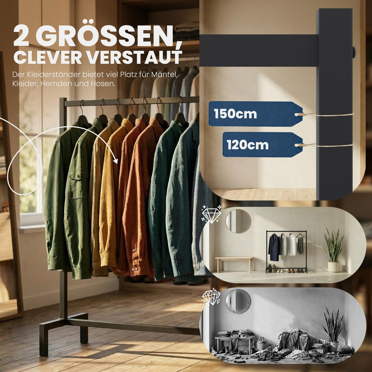 KLEIDERSTÄNDER 150x38x120-schwarz-Metall - Schwarz, Metall (150/120/38cm) - CLP