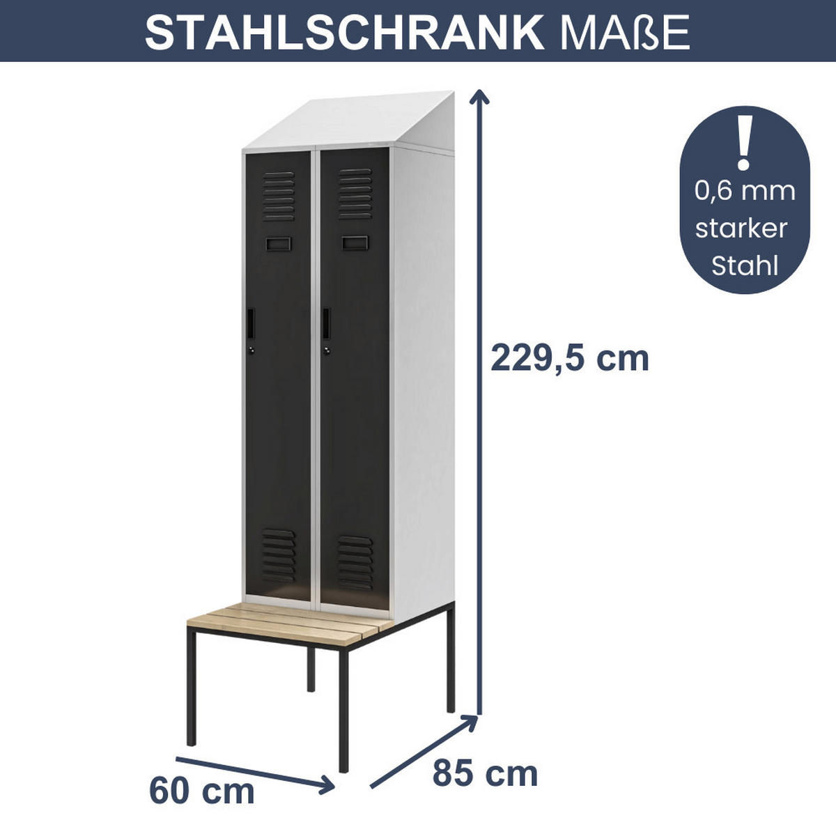 UMKLEIDESCHRANK Spind mit Sitzbank BARCA 2 Abteile 229,5x60x85cm Grau-Anthrazit - Grau, Metall (60/229.5/85cm) - DELUKE