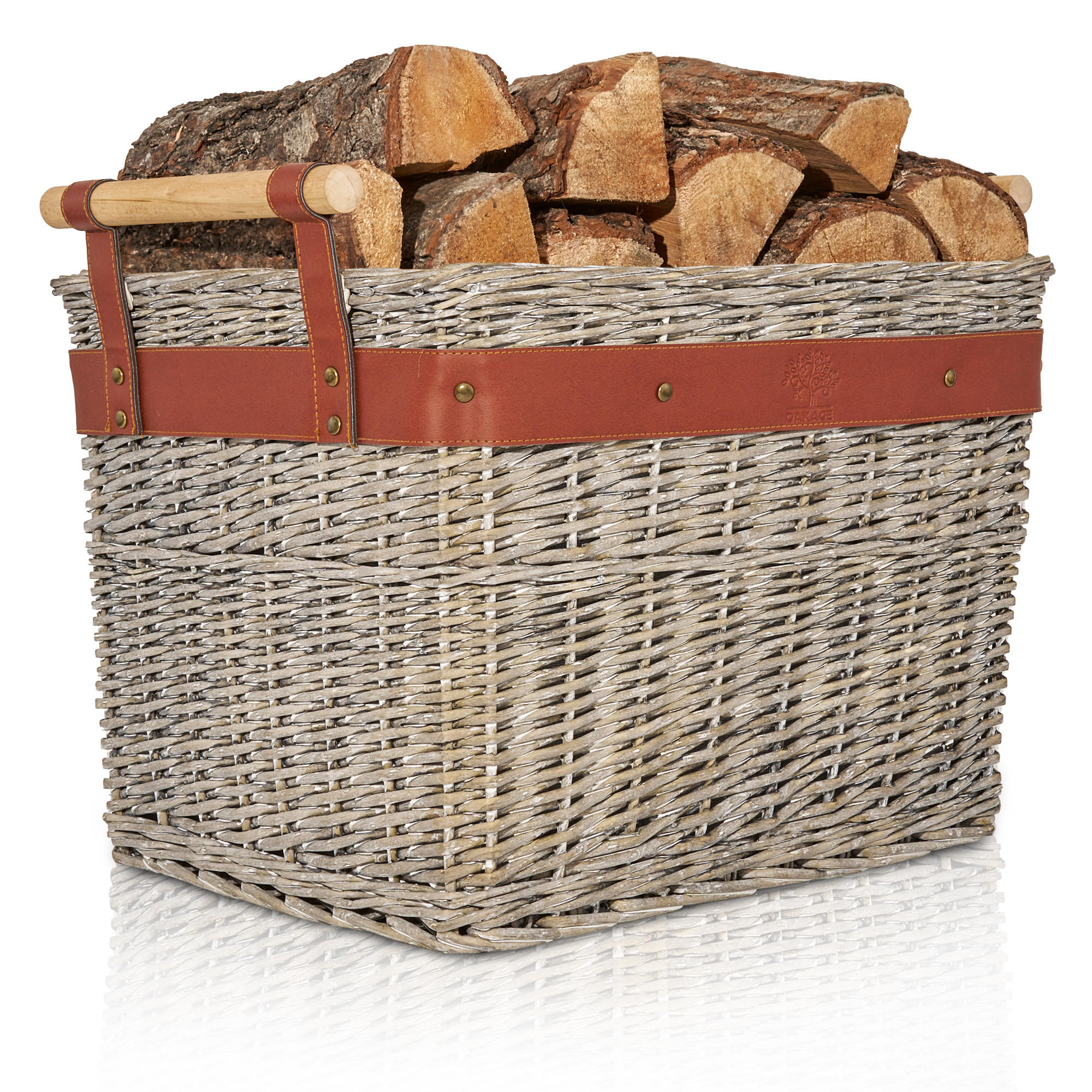 KAMINHOLZKORB WillowWrap Weide mit ausreißsicheren Holzgriffen 50/40/35 cm - Grau, Naturmaterialien (40/35/50cm) - OAKAGE