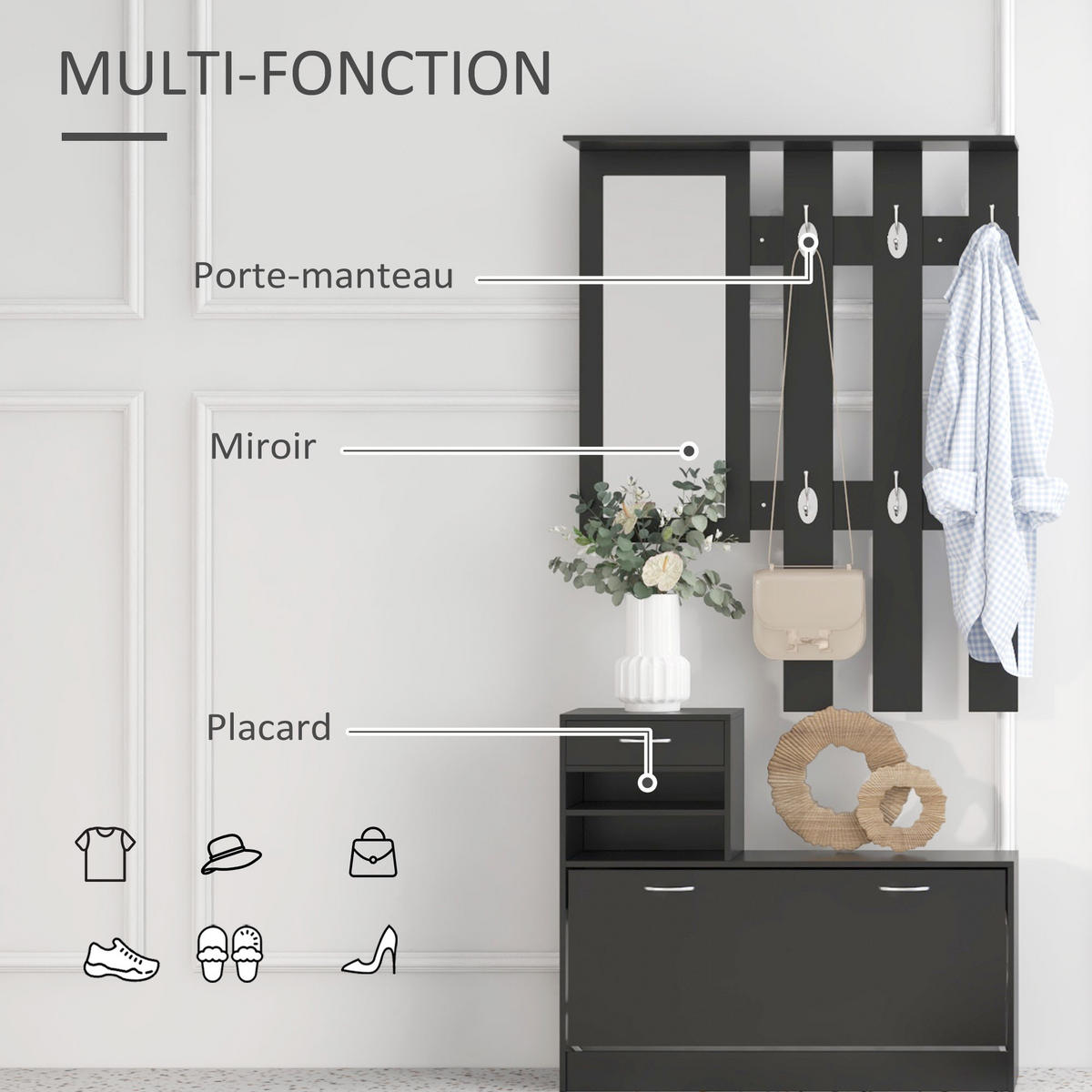 GARDEROBE DE-16743 3-in-1 mit Spiegel & Schuhbank Schwarz - Schwarz, Holzwerkstoff (10/91/90cm) - ComfortXL