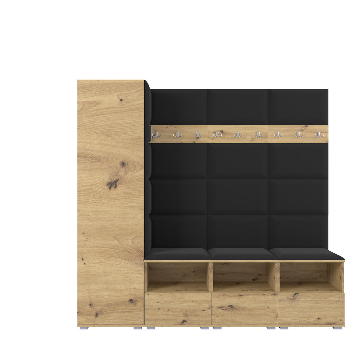 GARDEROBE NELA IX 200 cm (Modulare Flurmöbel Artisan Eiche mit Sitzpolster Schwarz 16 Breite Sitzbank) - Silberfarben/Schwarz, Holz/Holzwerkstoff (200/187/40cm) - Ravio