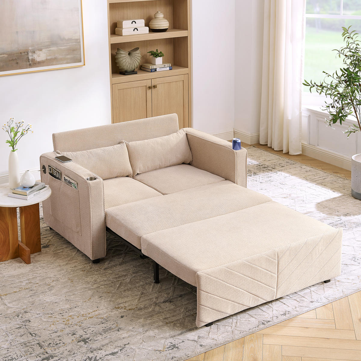 SCHLAFSOFA 134/82/73 cm Beige mit USB Charging und Aufbewahrungstasche - Beige, Textil (134/73/195cm) - Oxeza