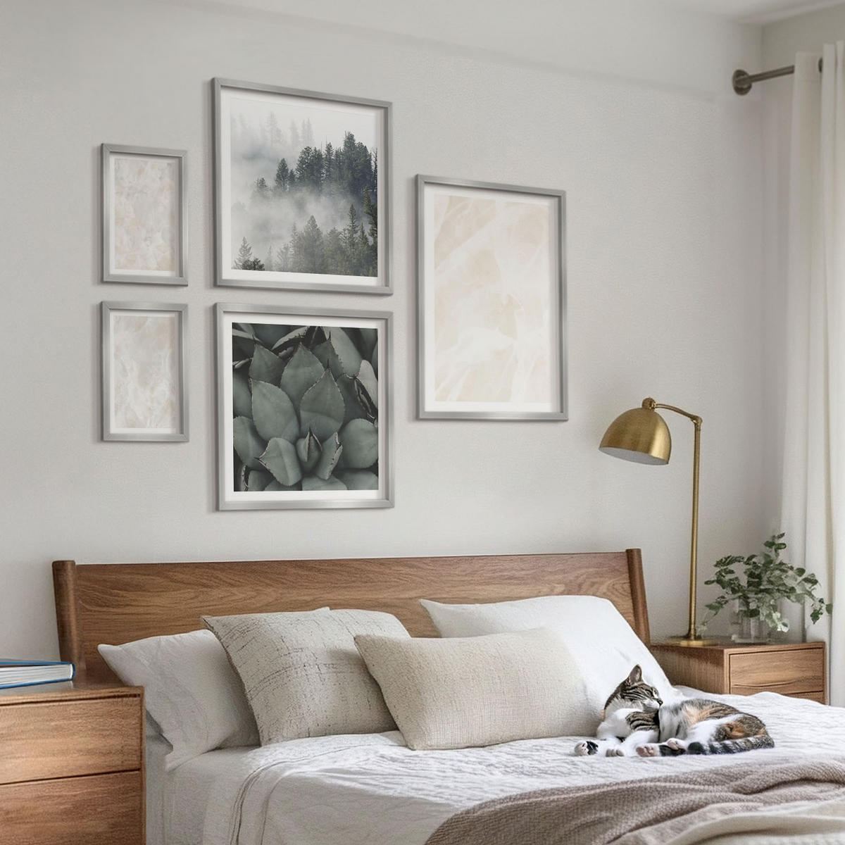 BILDER SET 5er Set - 50x50 cm & 20x30 cm & 40x60 cm Silberner Rahmen - Steinpastellmarmor - Silberfarben, Kunststoff (40/60cm) - TULUP