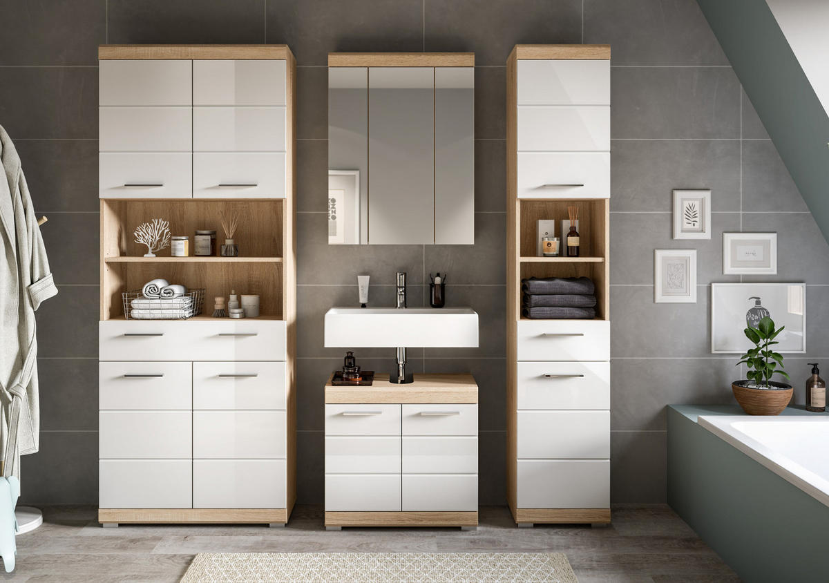 BADMÖBEL-SET weiß Hochglanz, Eiche 4-teilig 186 cm, viel Stauraum - Weiß Hochglanz/Eichefarben, Holzwerkstoff (186/191/34cm) - Inn.Furn