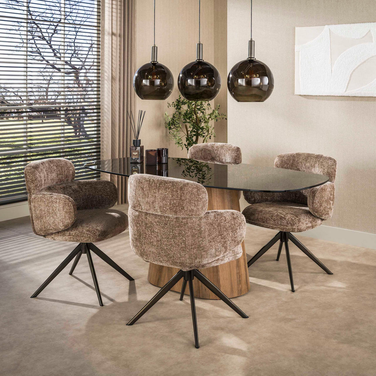 ESSTISCH TINTO CENTRO GRANDE Dänisch-Ovaler Säulentisch mit Rauchglas & Eichenoptik - Schwarz, Glas (215/105/76cm) - alesvelt
