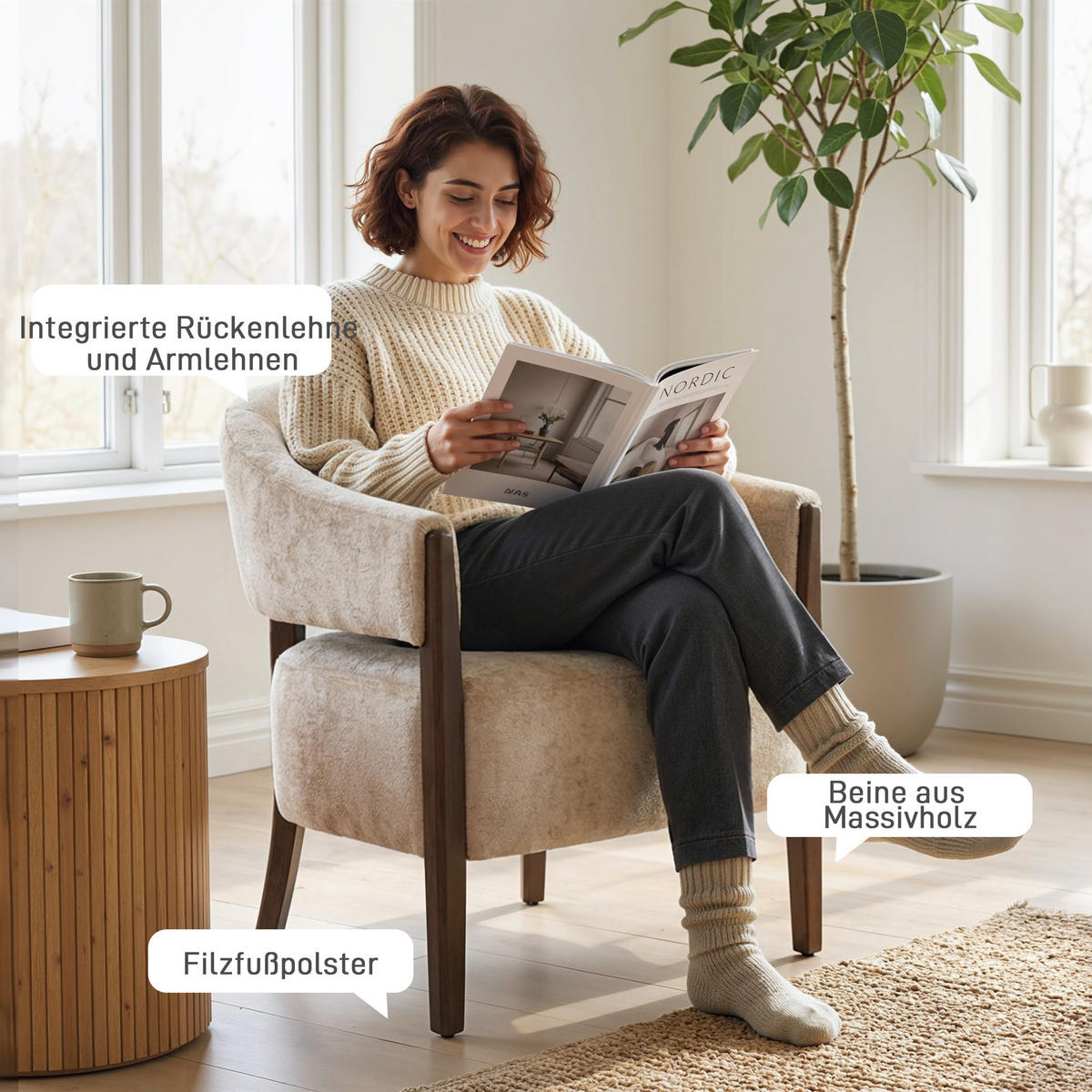 KŘESLO Chenille Dřevo Béžové - hnědá/béžová, dřevo/textil (63.5/78.5/71cm) - HOMCOM