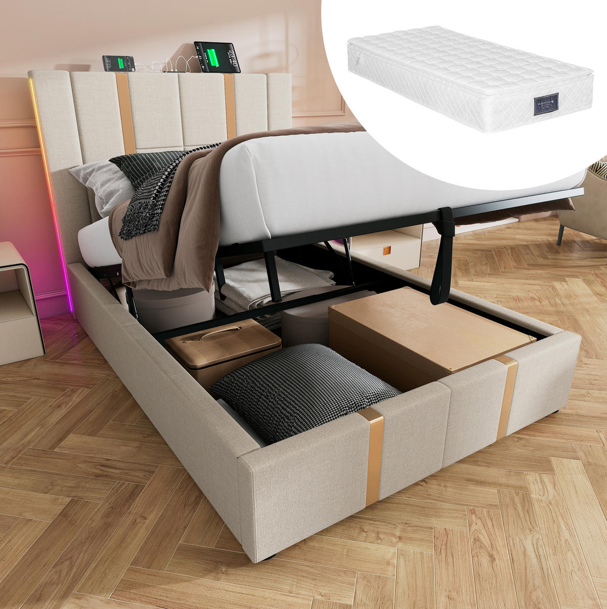 POLSTERBETT 90/200 cm Beige mit Stauraum, LED-Beleuchtung und USB-/Type-C-Anschlüssen - Beige, Textil (90/200cm) - Flora Grace