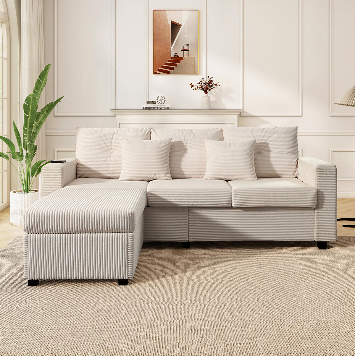 ECKSOFA 184/182,5/85,5 cm beige aus Cordstoff mit LED-Beleuchtung und flexiblem Hocker - Beige, Kunststoff (84.5/184cm) - OKWISH