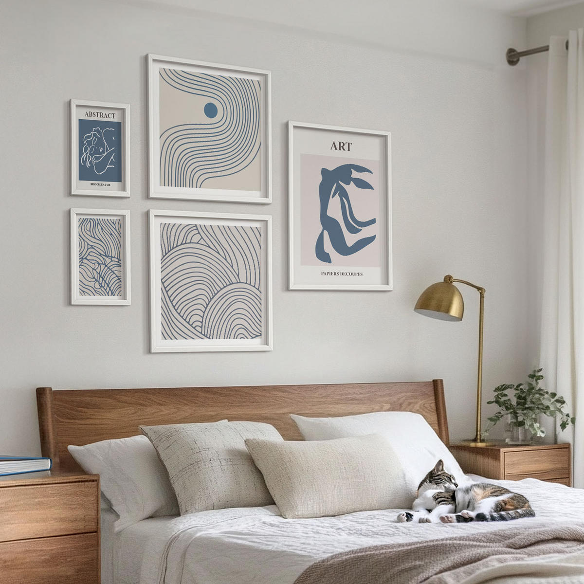 BILDER SET 5er Set - 50x50 cm & 20x30 cm & 40x60 cm Weißer Rahmen - Abstrakte blaue Linien - Weiß, Kunststoff (40/60cm) - TULUP
