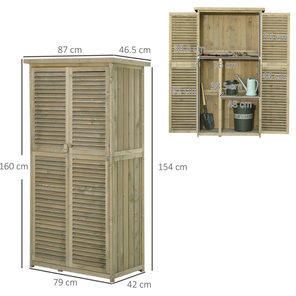 GARTENSCHRANK 87/46,5/160 cm mit 4 Fächern, Lamellentüren und Asphaltdach aus Tannenholz, Grau - Grau, Holz (46.5/160/87cm) - Redom