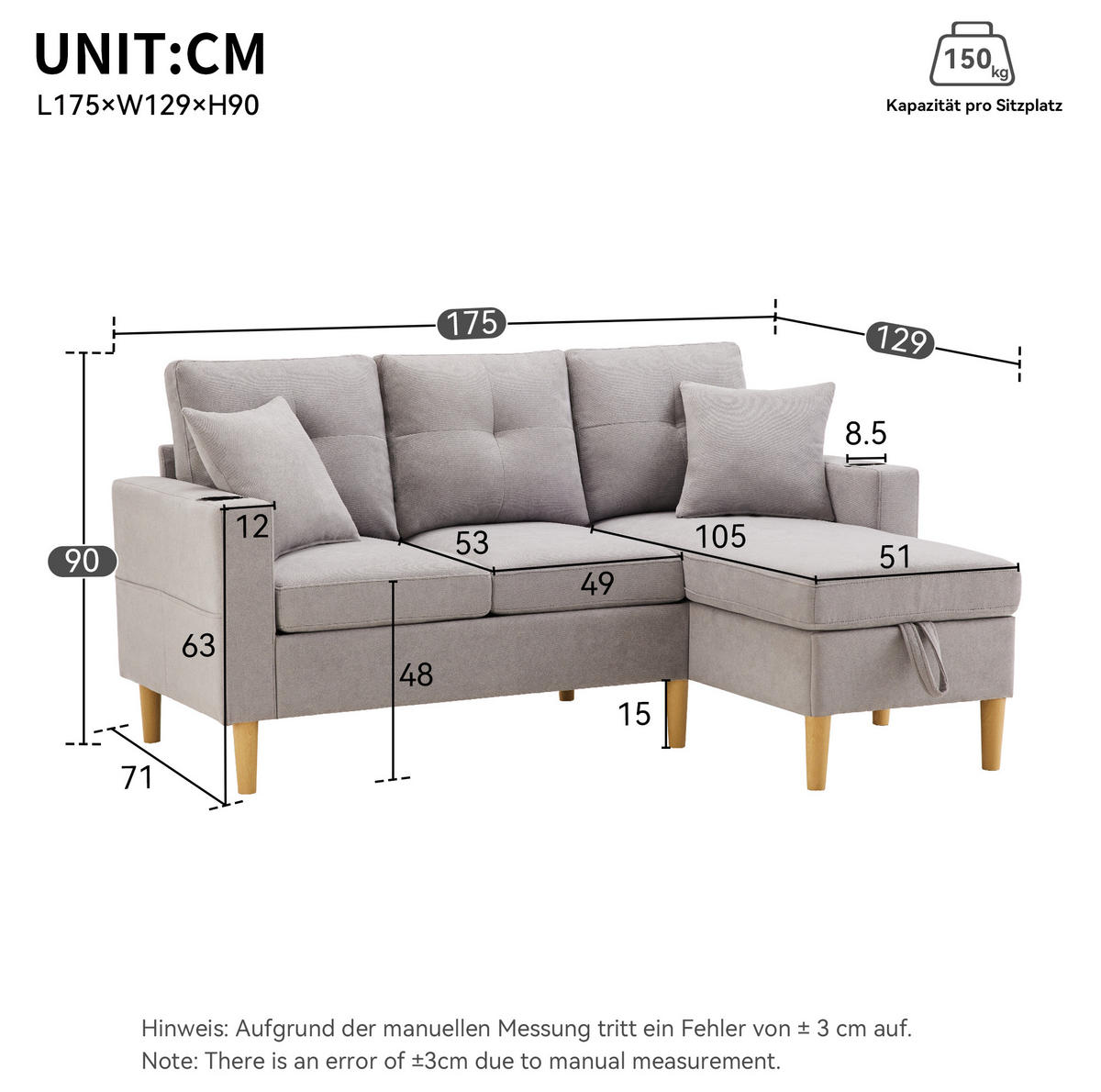 ECKSOFA 175/129/90 cm hellgrau aus Baumwoll-Leinen mit Stauraum - Hellgrau, Textil (175/129cm) - OKWISH
