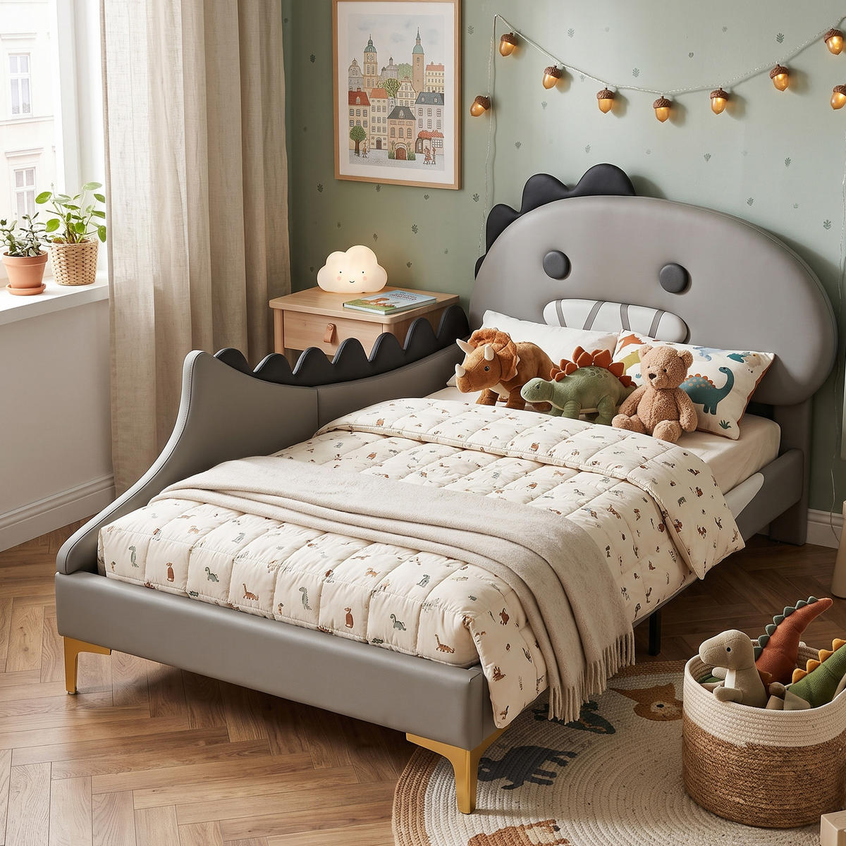 DĚTSKÁ POSTEL PU design dinosaura 90x200 cm s lamelovým roštem - šedá, kůže (90/200cm) - Urban Meuble