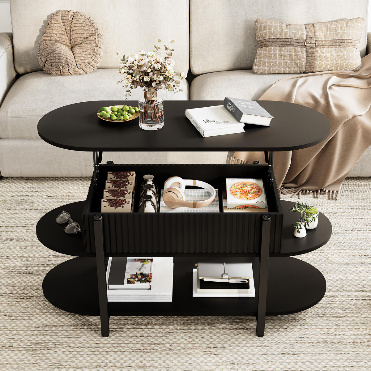 HÖHENVERSTELLBARER COUCHTISCH schwarz mit großem Stauraum - Schwarz, Holz (106/38/50cm) - SHOPENTRA