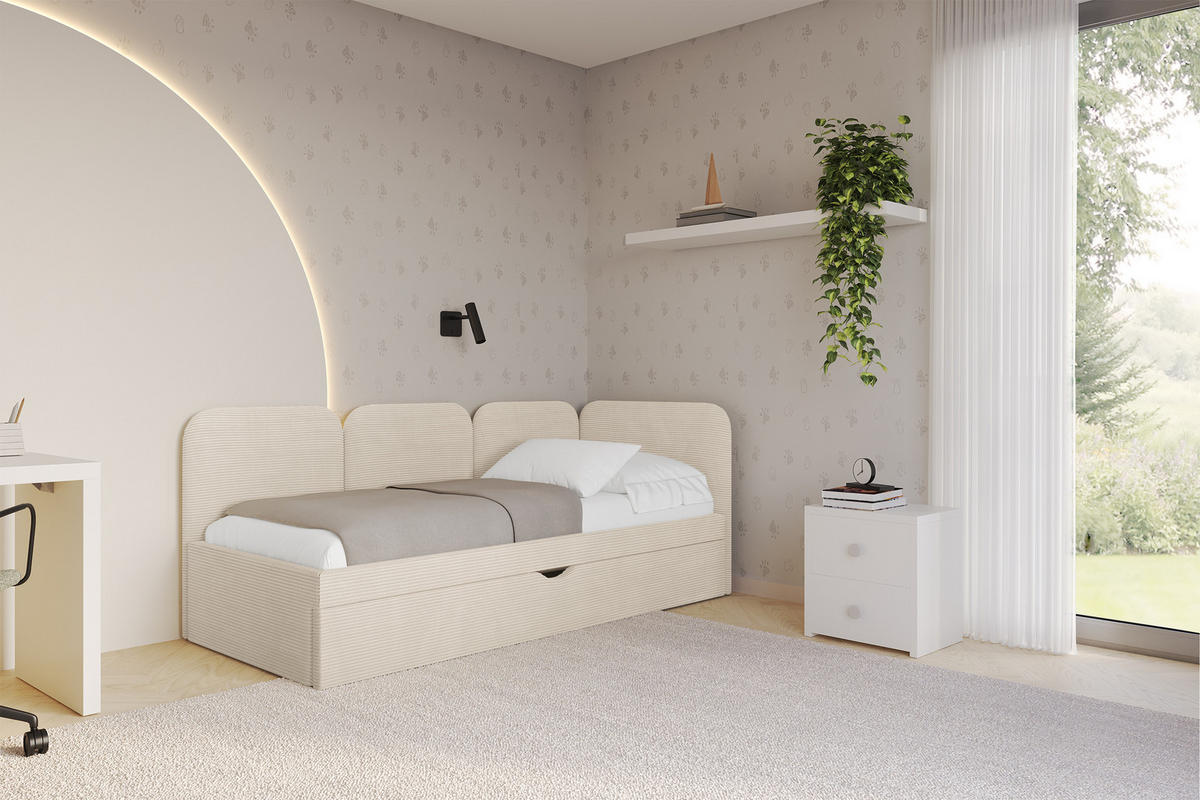 EINZELLBETT Jugendbett mit Bettkasten, Links - ALVY 100x200 Beige - Creme, Holzwerkstoff/Textil (100/200cm) - ALTDECOR
