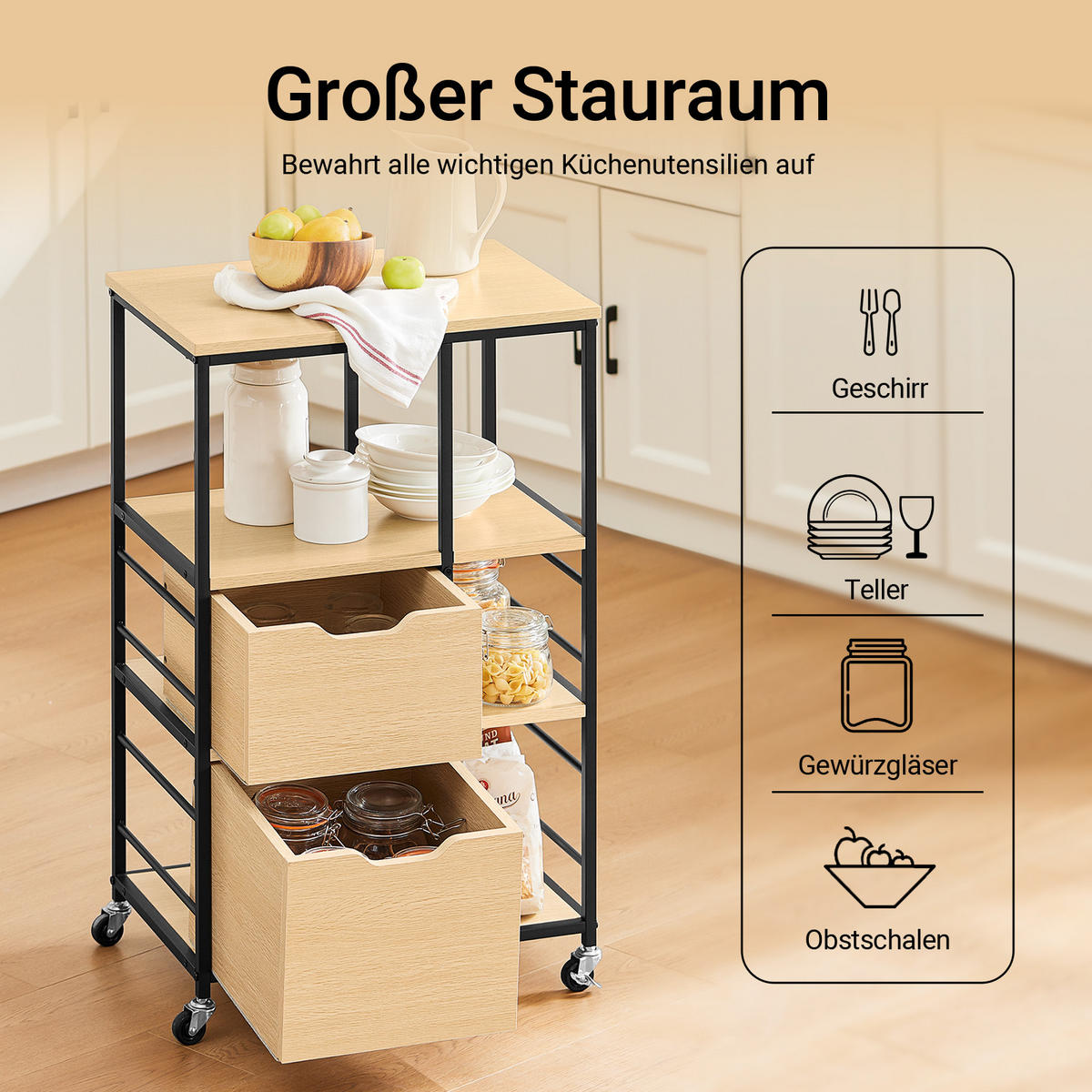 KÜCHENWAGEN mit Rollen, Naturholzoptik - Naturfarben, Holzwerkstoff (53/89/37cm) - SoBuy
