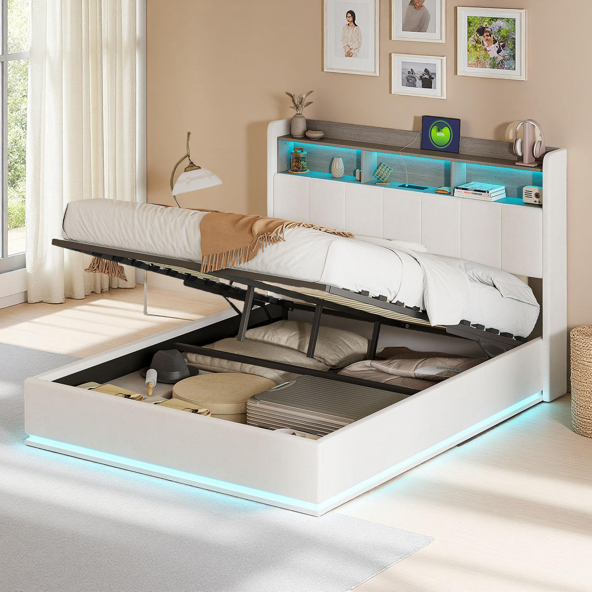 POLSTERBETT 140/190 cm Weiß mit LED-Beleuchtung und USB-Anschlüssen - Weiß, Holz (140/190cm) - SHOPENTRA