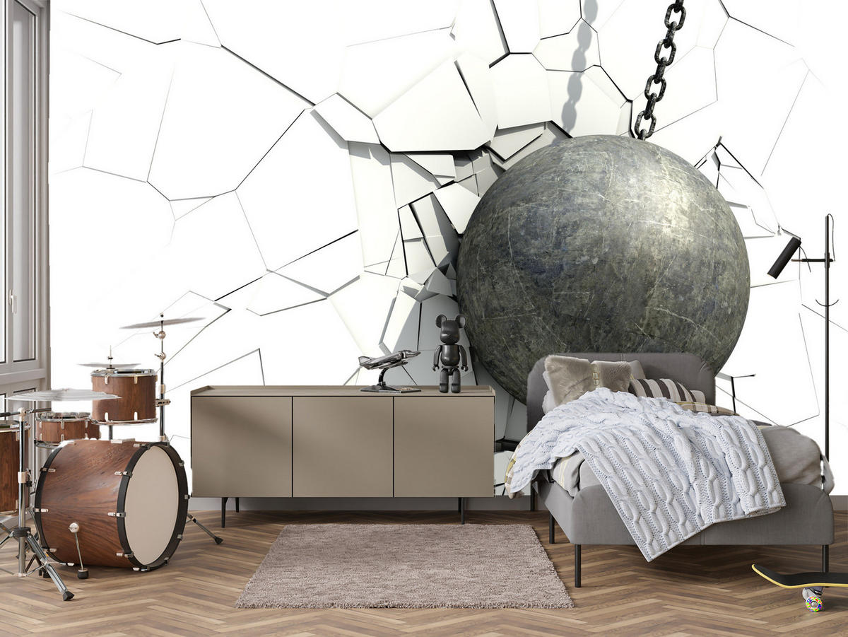 FOTOTAPETE für Büro Metallkugel Riss Weiße Wand 500x350 - Weiß/Grau, Papier (500/350cm) - Muralo