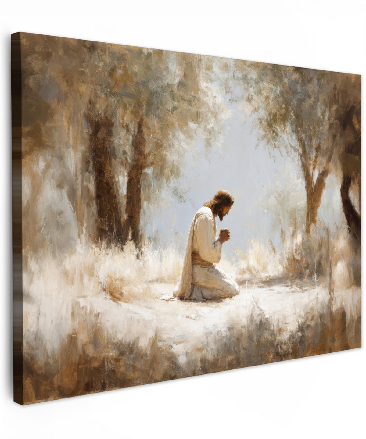 LEINWANDBILD Jesus - Kniend - Waldlandschaft - Betend Wandbilder 80x60 cm - Beige/Hellblau, Textil (80/60cm) - MuchoWow