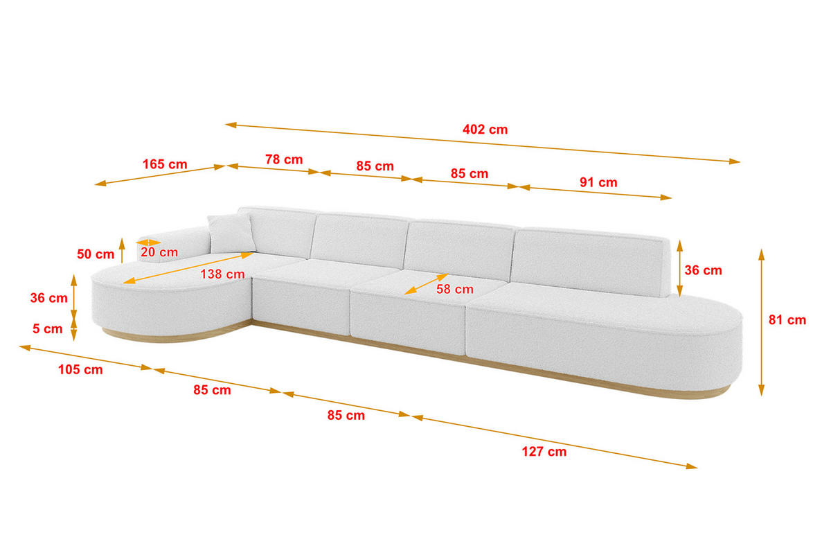 ECKSOFA Ottomane Links MARI-L3-v2 - 413x171x83 cm Weiß Bouclé - Weiß, Holzwerkstoff/Textil (413/171cm) - ALTDECOR