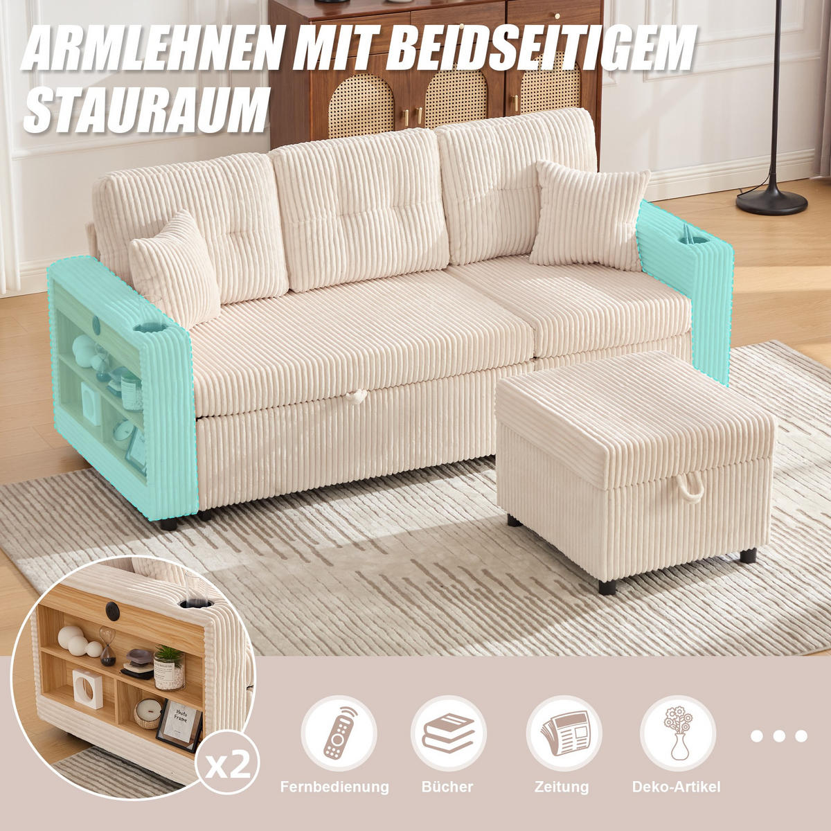 SCHLAFSOFA 3-er Sofa mit Schlaffunktion,Aufbewahrungshocker,Cord,Beige - Beige, Textil (196/85/119cm) - LVHOM