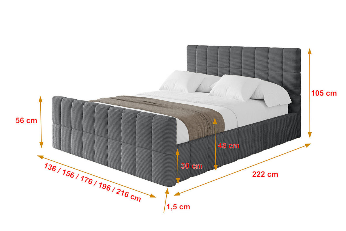 POLSTERBETT mit Bettkasten, Fußteil und Lattenrost, Boxbett mit Matratze H3/H4 - AMEA-Z 180x200 Dunkelgrau - Anthrazit, Holzwerkstoff/Textil (180/200cm) - ALTDECOR