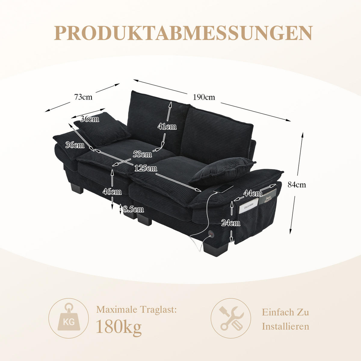 2-SITZER Sofa aus Cord 190x73x84 cm in Schwarz mit USB-C & Seitentaschen - Schwarz, Textil (73/84/190cm) - Modfu