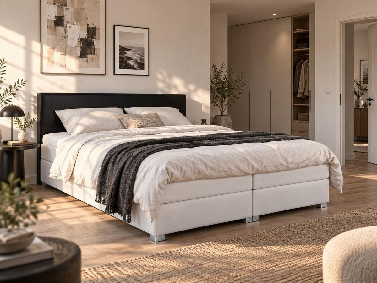 BOXBETT 160/200 cm Schwarz President - Schwarz/Weiß, Kunststoff/Textil (160/200cm) - Beliani