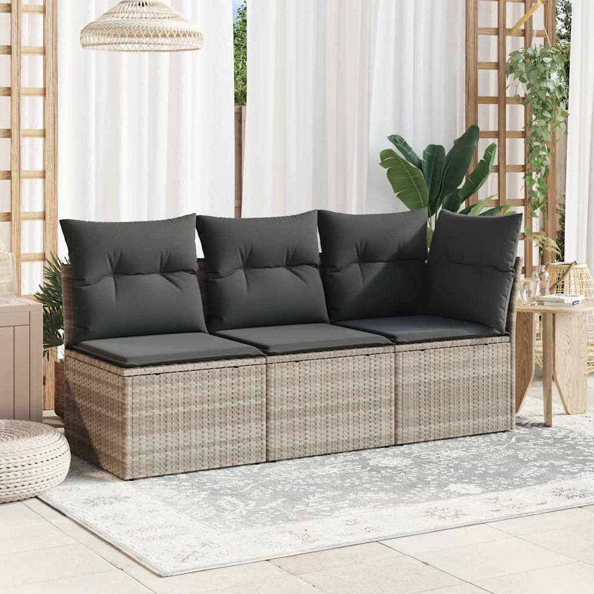 GARTENSOFA Mit Kissen 3-Sitzer Hellgrau Poly Rattan - Grau, Kunststoff (172/69/62cm) - vidaXL