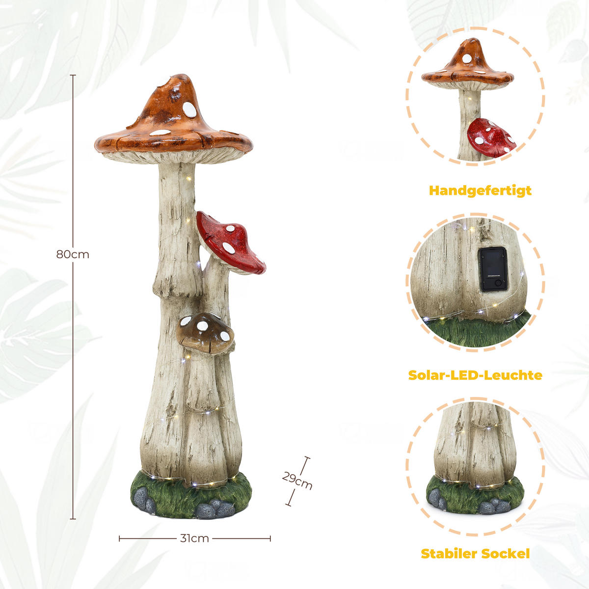 80 cm MGO Solarenergie Gartenskulptur Pilz, mit LED-Beleuchtung Geschenkidee für Mama - Multicolor, Naturmaterialien (31/80/29cm) - Hometopia