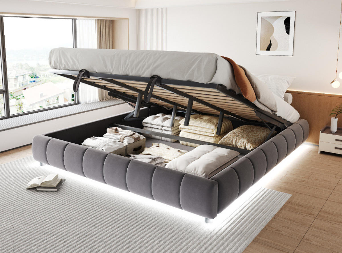POLSTERBETT 180/200 cm Grau aus Flanellstoff mit Bettkasten und LED-Lichtleiste - Grau, Textil (180/200cm) - OKMYHOME