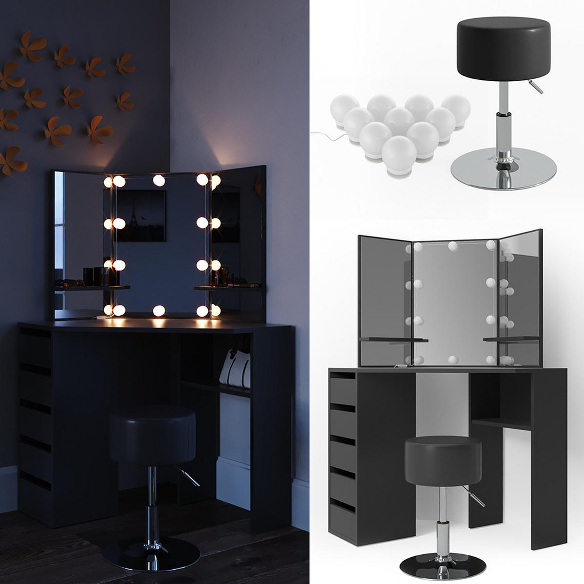 ECKSCHMINKTISCH Arielle Schwarz 110 cm mit LED Beleuchtung und Hocker - Schwarz, Holzwerkstoff (110/141.5/54cm) - Vicco