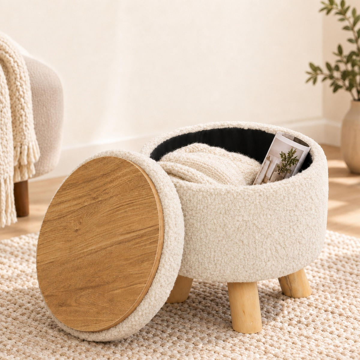 HOCKER Creme mit Stauraum 30x33 cm - Creme, Holz/Holzwerkstoff (33/30/33cm) - Relaxdays