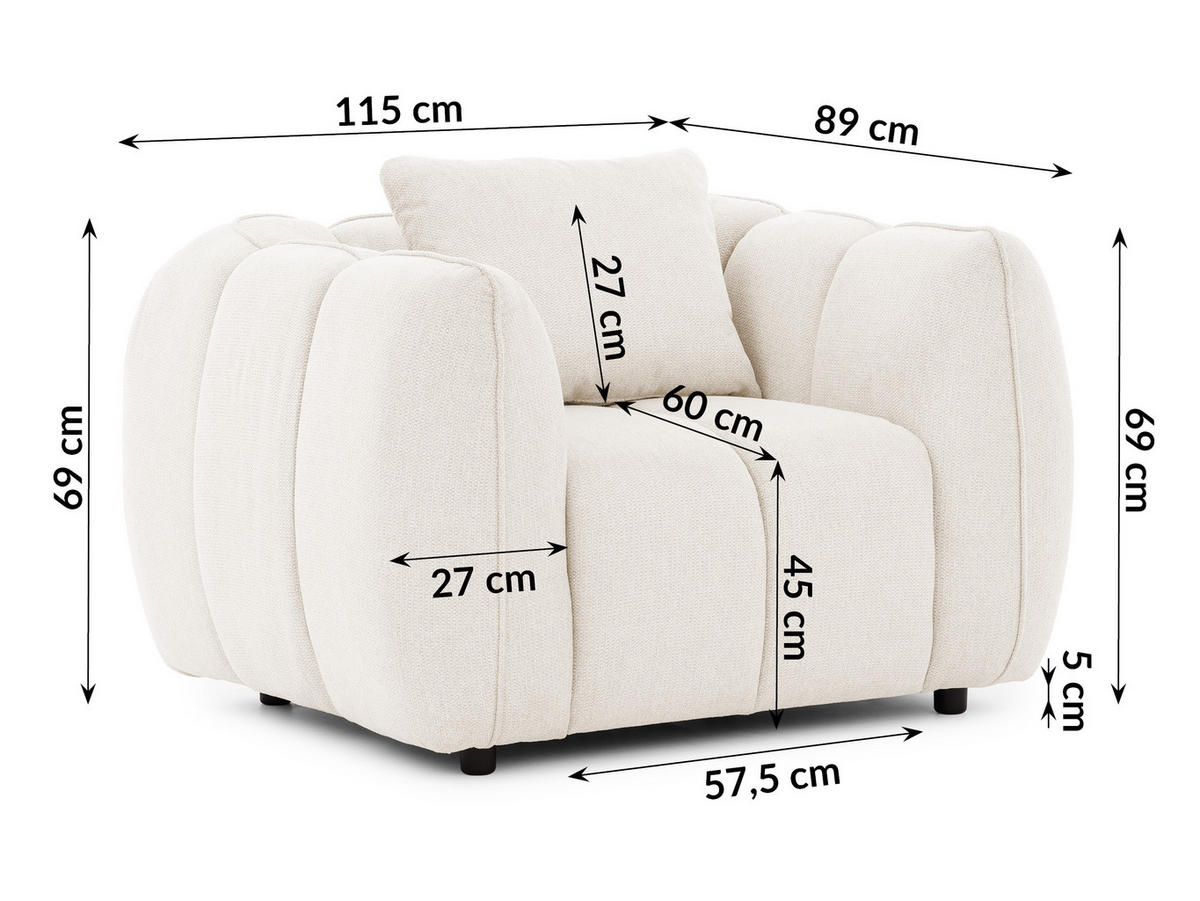 SESSEL Nubira in tief gesteppter Bubble-Optik aus weichem Creme Strukturstoff im modernen Design - Creme/Schwarz, Holz/Kunststoff (115/69/89cm) - S-Style Möbel