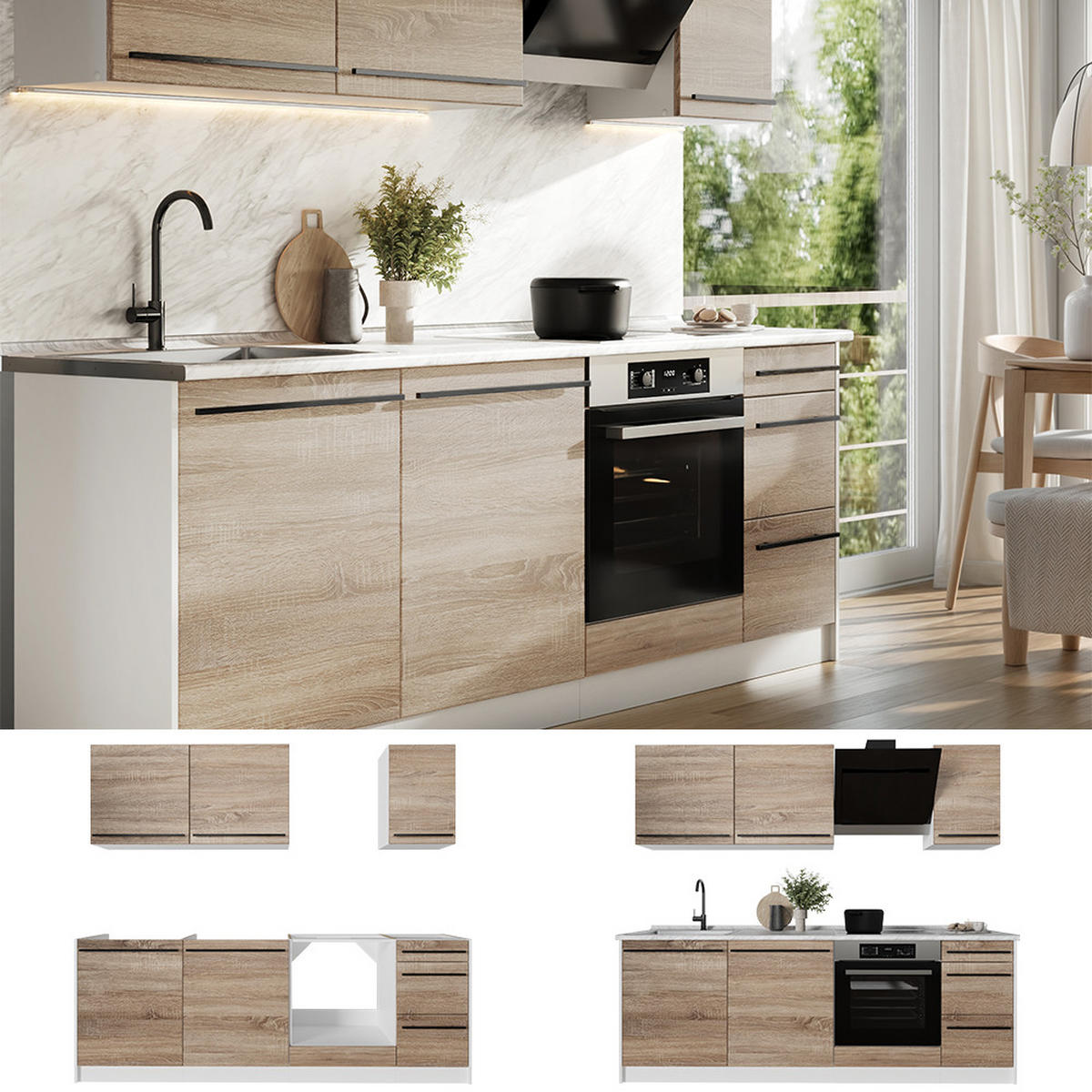 KÜCHENZEILE R-Line, Sonoma/Weiß, 220 cm Arbeitsplatte Anthrazit - Weiß/Sonoma Eiche, Holzwerkstoff (220/81.6/60cm) - Vicco
