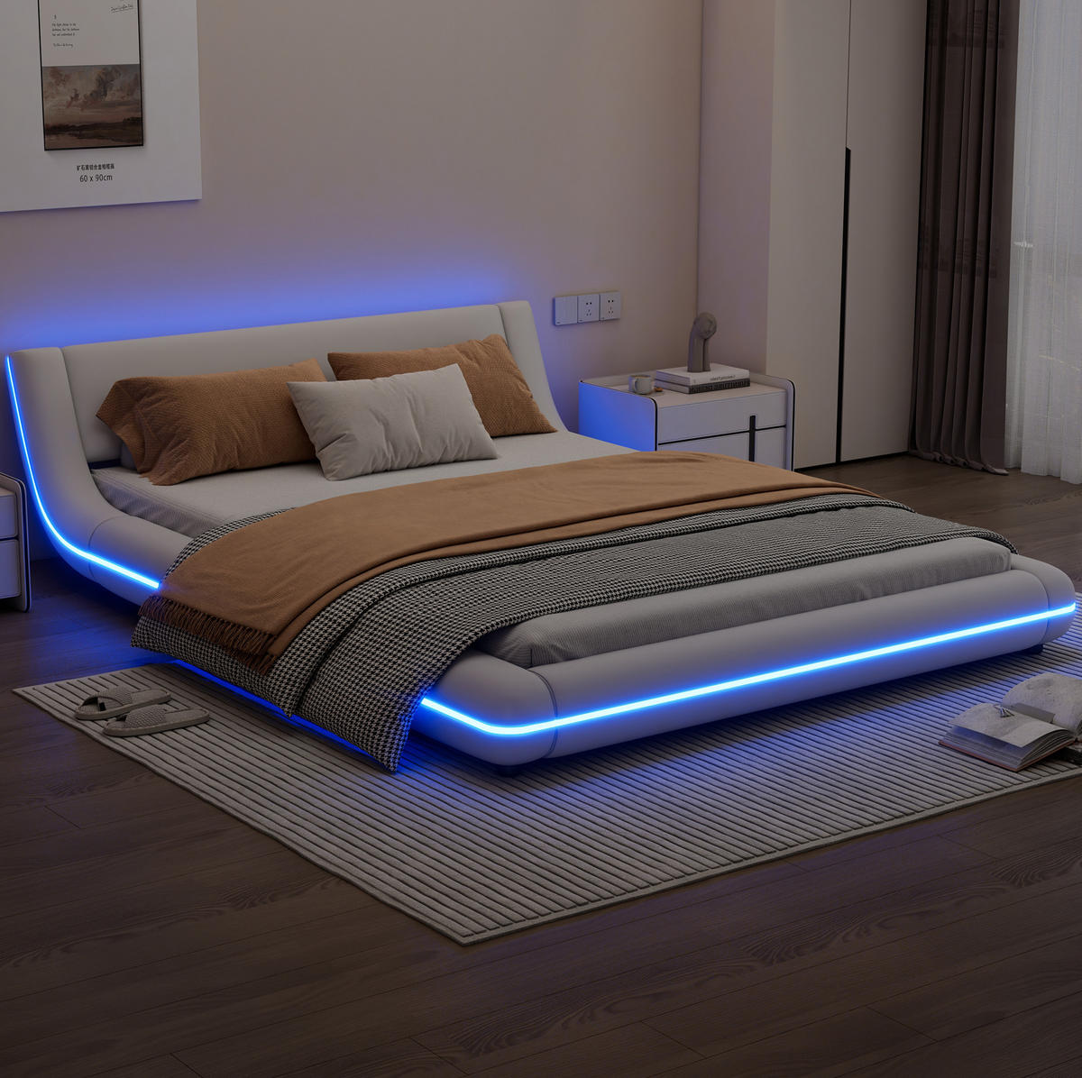KREVET 140/200 cm s LED ambijentalnim osvjetljenjem i PU presvlakom, Bijela - bijela, koža (140/200cm) - Redom