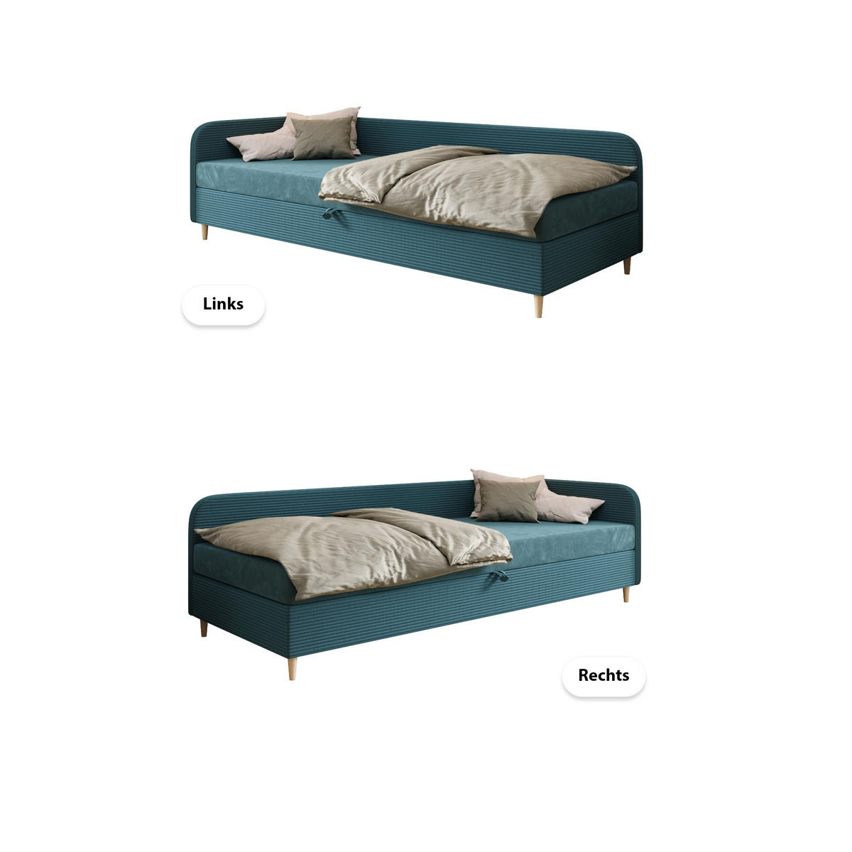 EINZELBETT aus Polyester und Cord Kobbevik Seite Links 90x200 cm, Türkis - Türkis, Textil (90/200cm) - Meblito