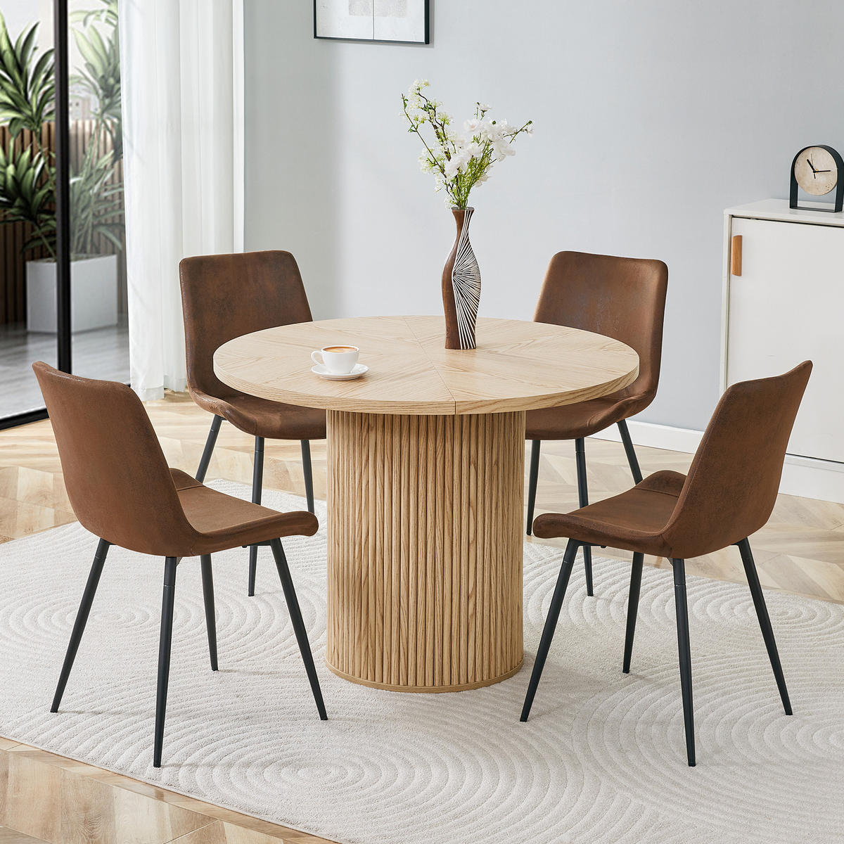 ESSGRUPPE DE-39388 5-teilig, mit 4 Tech-Stoff-Stühlen Braun - Braun, Holzwerkstoff (100/76/100cm) - ComfortXL