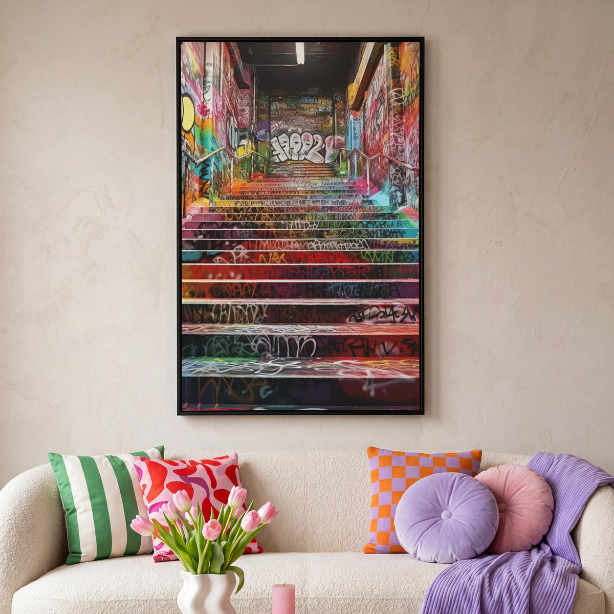 LEINWAND Bilder mit Rahmen - Treppe - Graffiti - Farben - Kunst - 100x150 - Multicolor, Textil (100/150cm) - MuchoWow