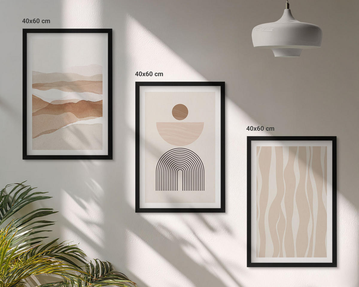 WANDBILDER 3er-Set - 40x60 cm Schwarzer Rahmen - Abstrakte Landschafts- und Naturgeometrie - Schwarz, Kunststoff (40/60cm) - ArtPrintCave
