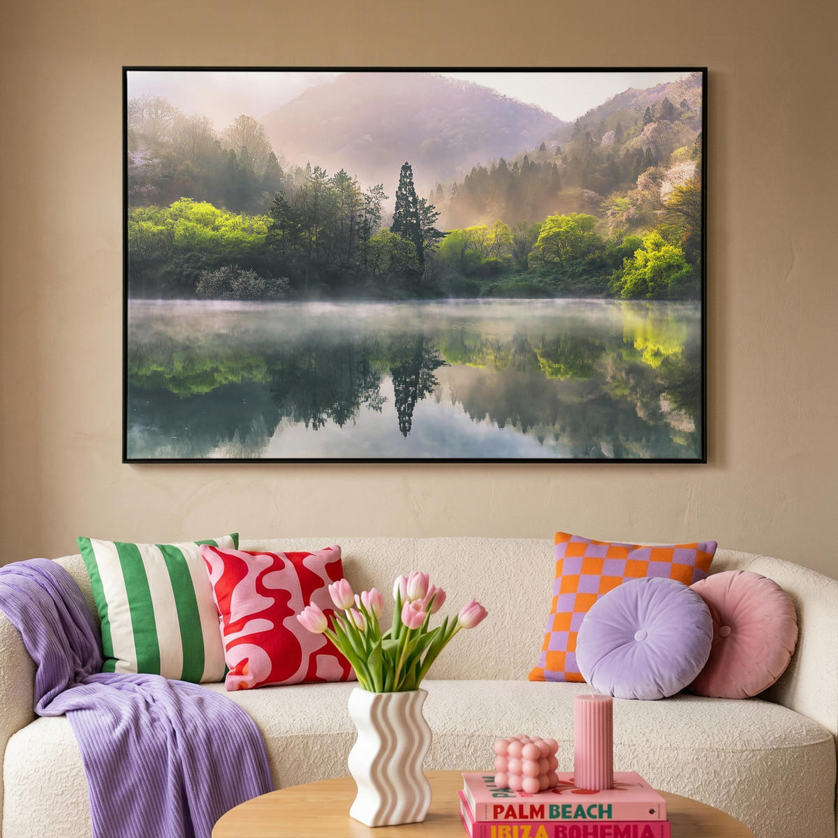 LEINWAND Bilder mit Rahmen - Natur - Bäume - Berge - See - Wasser - 150x100 - Hellgrün, Textil (150/100cm) - MuchoWow