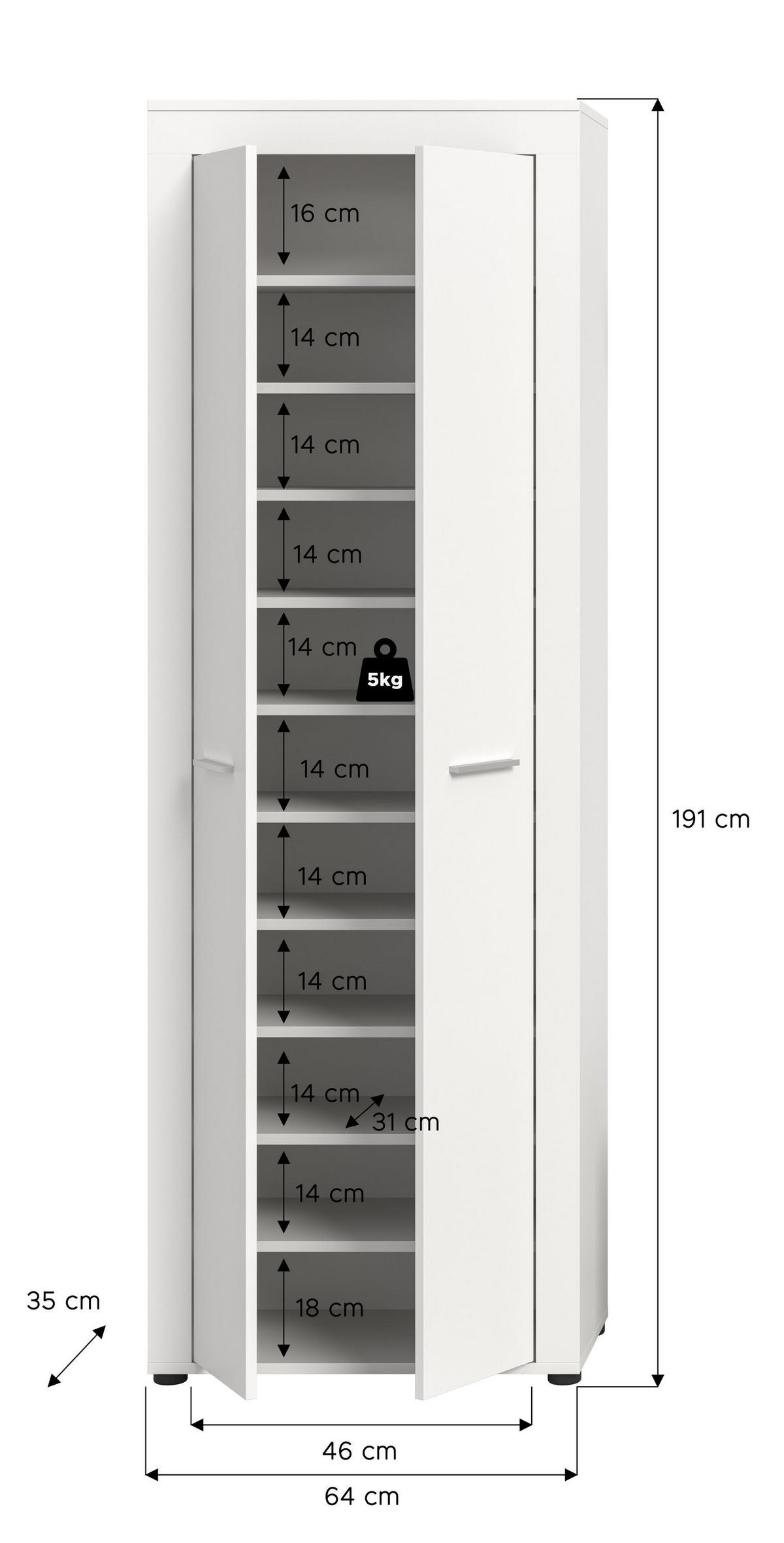 SCHUHSCHRANK JAM (B/H/T: ca. 64/191/35 cm) in weiß/weiß - Weiß, Holzwerkstoff (64/191/35cm)