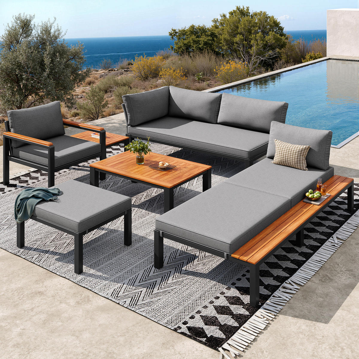 LOUNGEGARNITUR aus Akazienholz & Eisen Grau mit modularer Kombination - Grau, Metall - Modfu