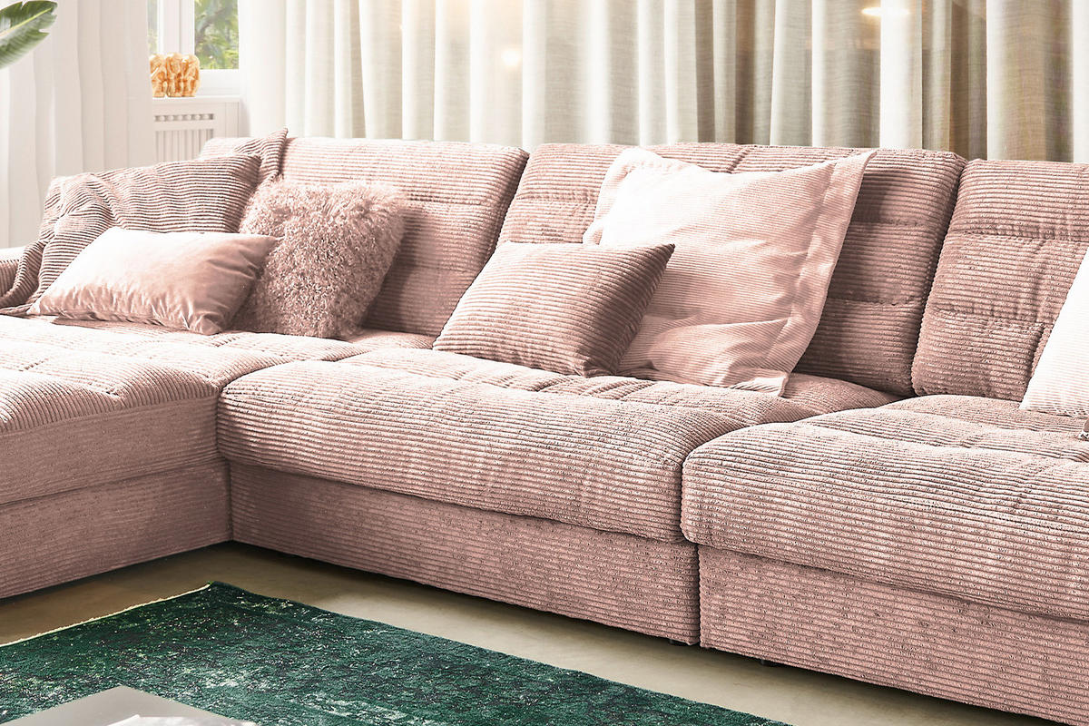 ECKSOFA XL LANA Pink Cord - Pink/Schwarz, Textil (416/205cm) - KAWOLA