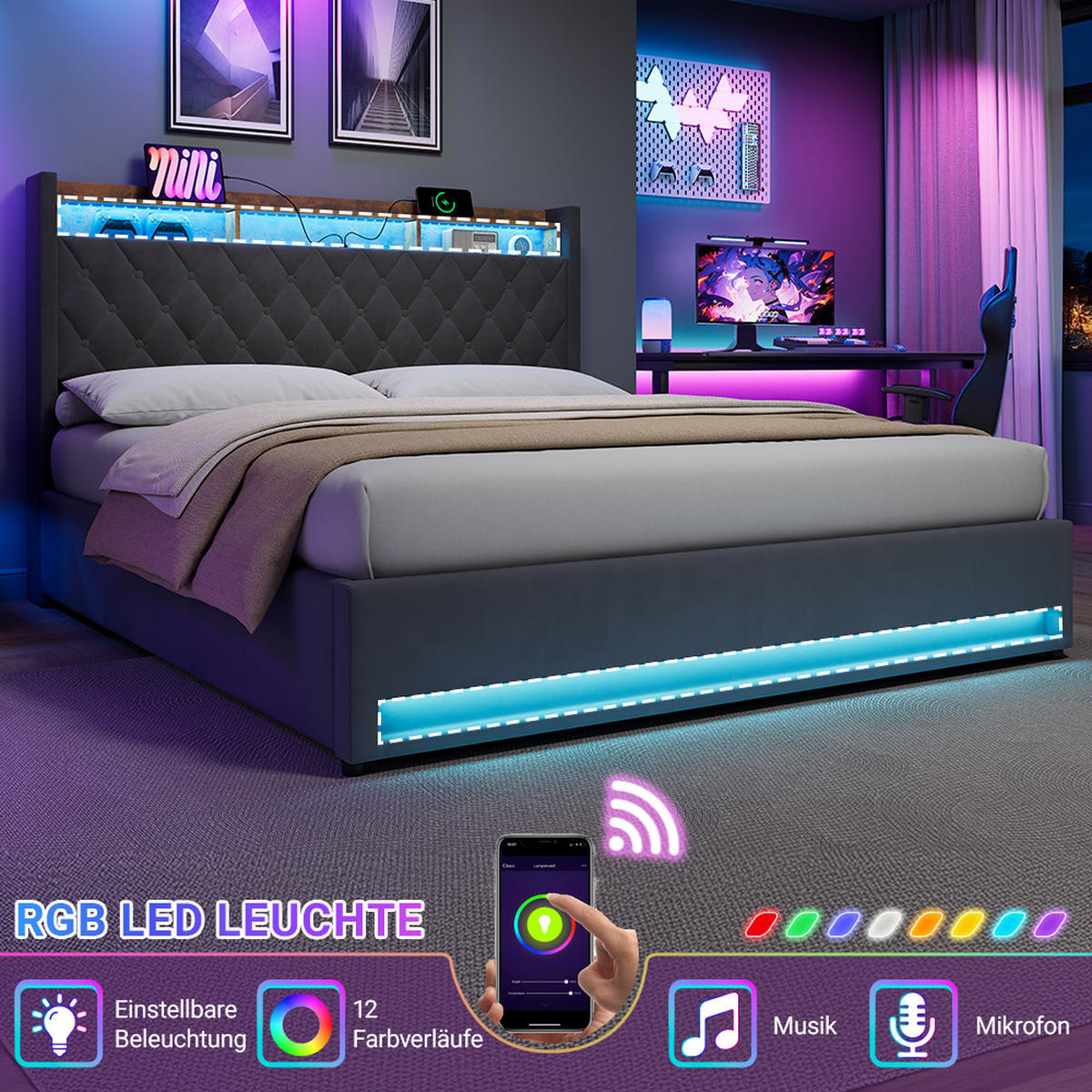 ČALOUNĚNÁ POSTEL 180/200 cm s úložným prostorem a zásuvkou, boxspringová postel s USB a LED osvětlením - šedá, kov/kompozitní dřevo (180/200cm) - STILVORA