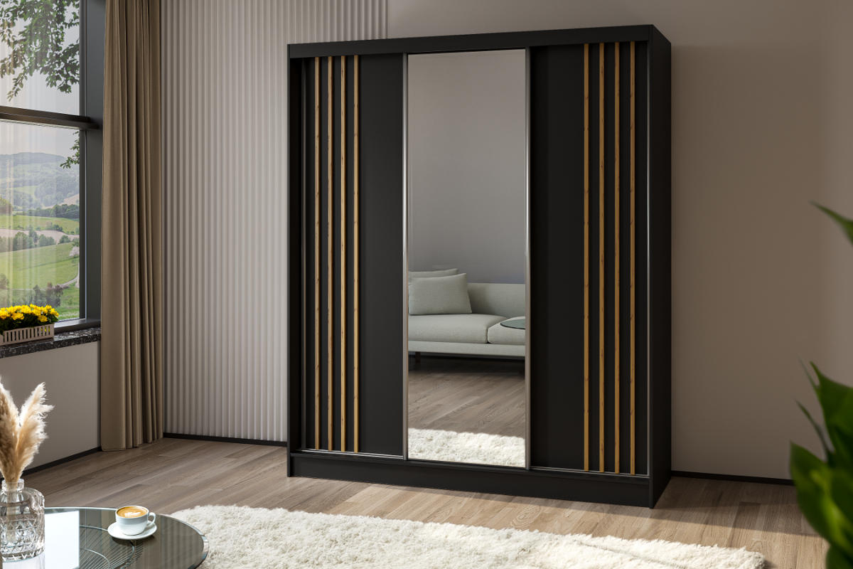 SCHWEBETÜRENSCHRANK Neli 180 cm mit Lamellen und Spiegel 3-türig, schwarz, schwarz, Lamelle Artisan - Schwarz/Eiche Artisan, Kunststoff (180/216/61cm) - Margaret Hadas24